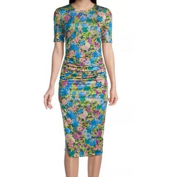 Black Halo dress Delina floral print ruched midi sheath size 14 - Picture 1 of 8